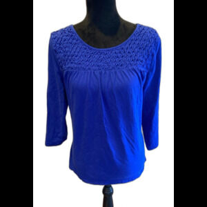 Kim Roger’s Blouse Womens Size Large Royal Blue Unique Smocking 100% Cotton